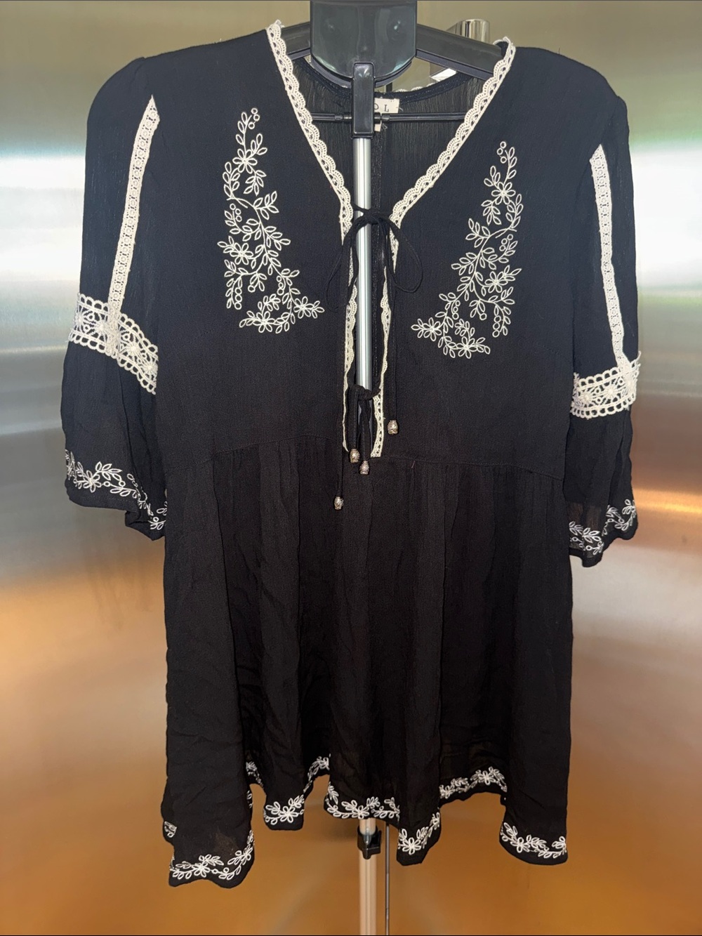 POL Black Tunic with White Floral Embroidery